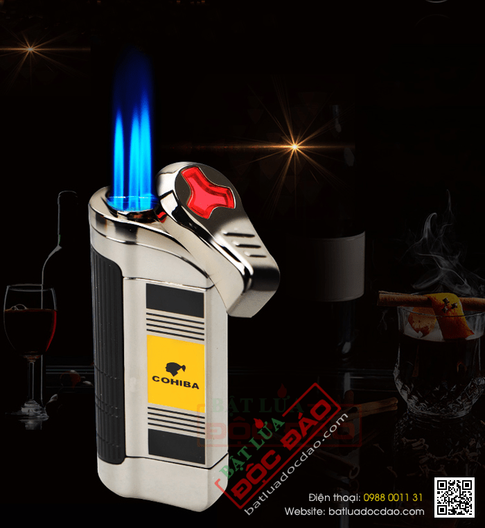 Bật lửa khò hút Cigar (xì gà) cohiba chính hãng 3 tia lửa có thiết bị đục xì gà - Mã SP: BLH085
