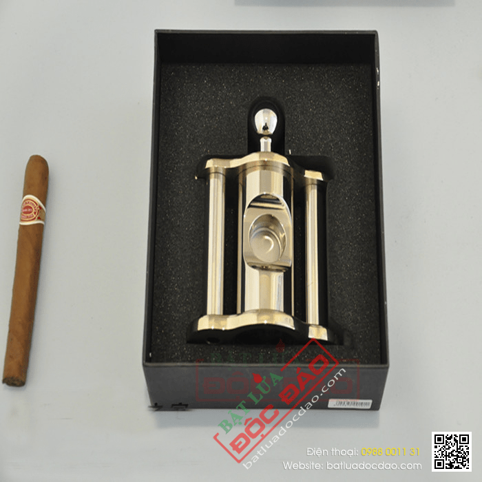 Dao cắt Cigar (xì gà) Cohiba để bàn cao cấp trắng inox 2 đầu mạ vàng - Mã SP: BLC002