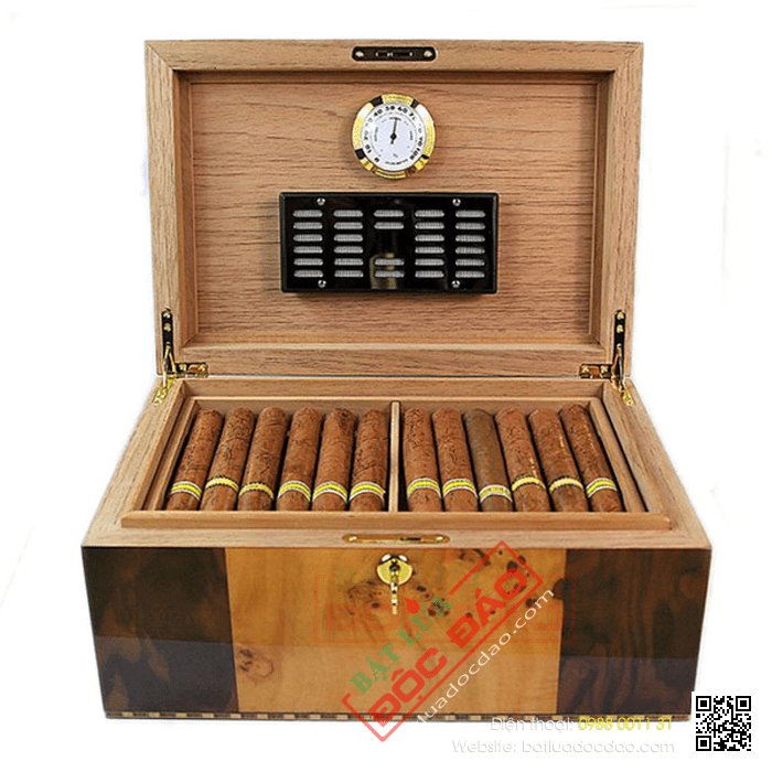 Hộp giữ ẩm Cigar (xì gà) Cohiba chất liệu gỗ tuyết tùng có đồng hồ đo độ ẩm- Mã SP: RAG912