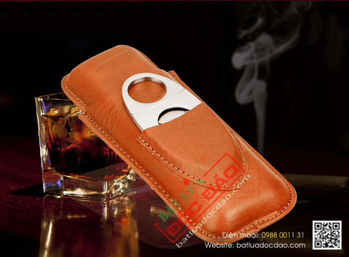 Set bao da Cigar (xì gà), dao cắt Cigar Cohiba chất liệu da loại 2 điếu chính hãng - Mã SP: CP108
