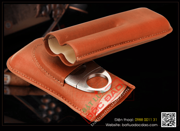 Set bao da Cigar (xì gà), dao cắt Cigar Cohiba chất liệu da loại 2 điếu chính hãng - Mã SP: CP108