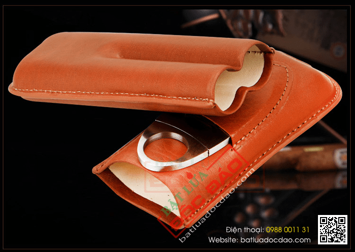 Set bao da Cigar (xì gà), dao cắt Cigar Cohiba chất liệu da loại 2 điếu chính hãng - Mã SP: CP108