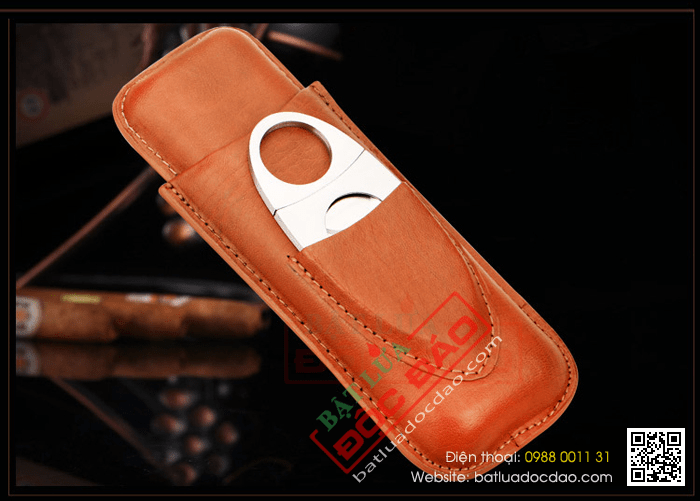 Set bao da Cigar (xì gà), dao cắt Cigar Cohiba chất liệu da loại 2 điếu chính hãng - Mã SP: CP108