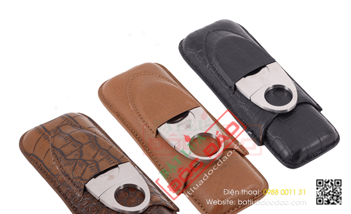 Set bao da Cigar (xì gà), dao cắt Cigar Cohiba chất liệu da loại 2 điếu chính hãng- Mã SP: HY3203L