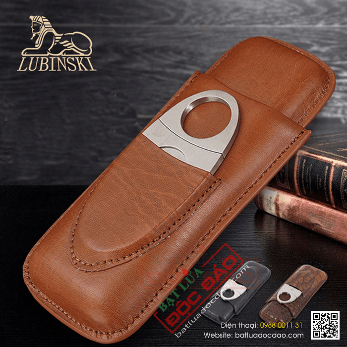 Set bao da Cigar (xì gà), dao cắt Cigar Cohiba chất liệu da loại 2 điếu chính hãng- Mã SP: HY3203L