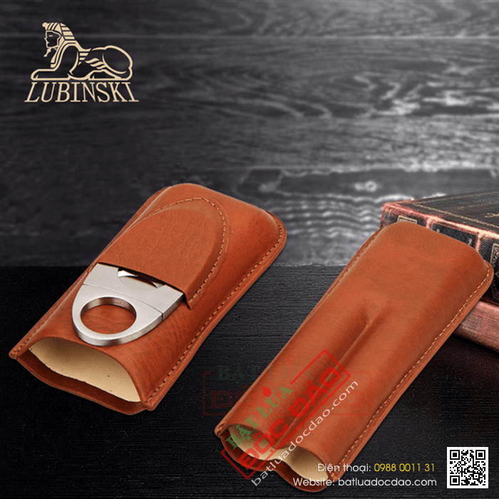 Set bao da Cigar (xì gà), dao cắt Cigar Cohiba chất liệu da loại 2 điếu chính hãng- Mã SP: HY3203L