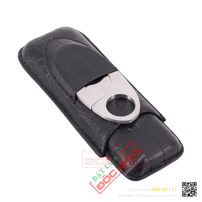 Set bao da Cigar (xì gà), dao cắt Cigar Cohiba chất liệu da loại 2 điếu chính hãng- Mã SP: HY3203L